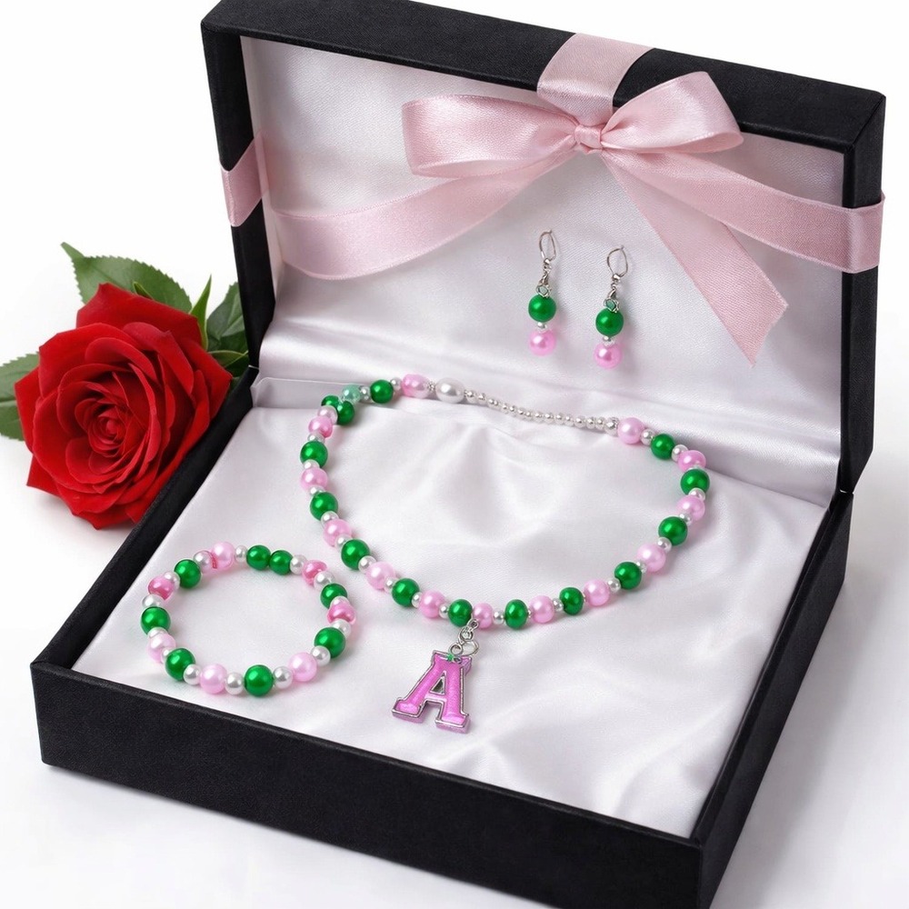 AKA Alpha‎ Kappa Alpha Jewelry Set Pink and Green Necklace, Earrings, Bracelet